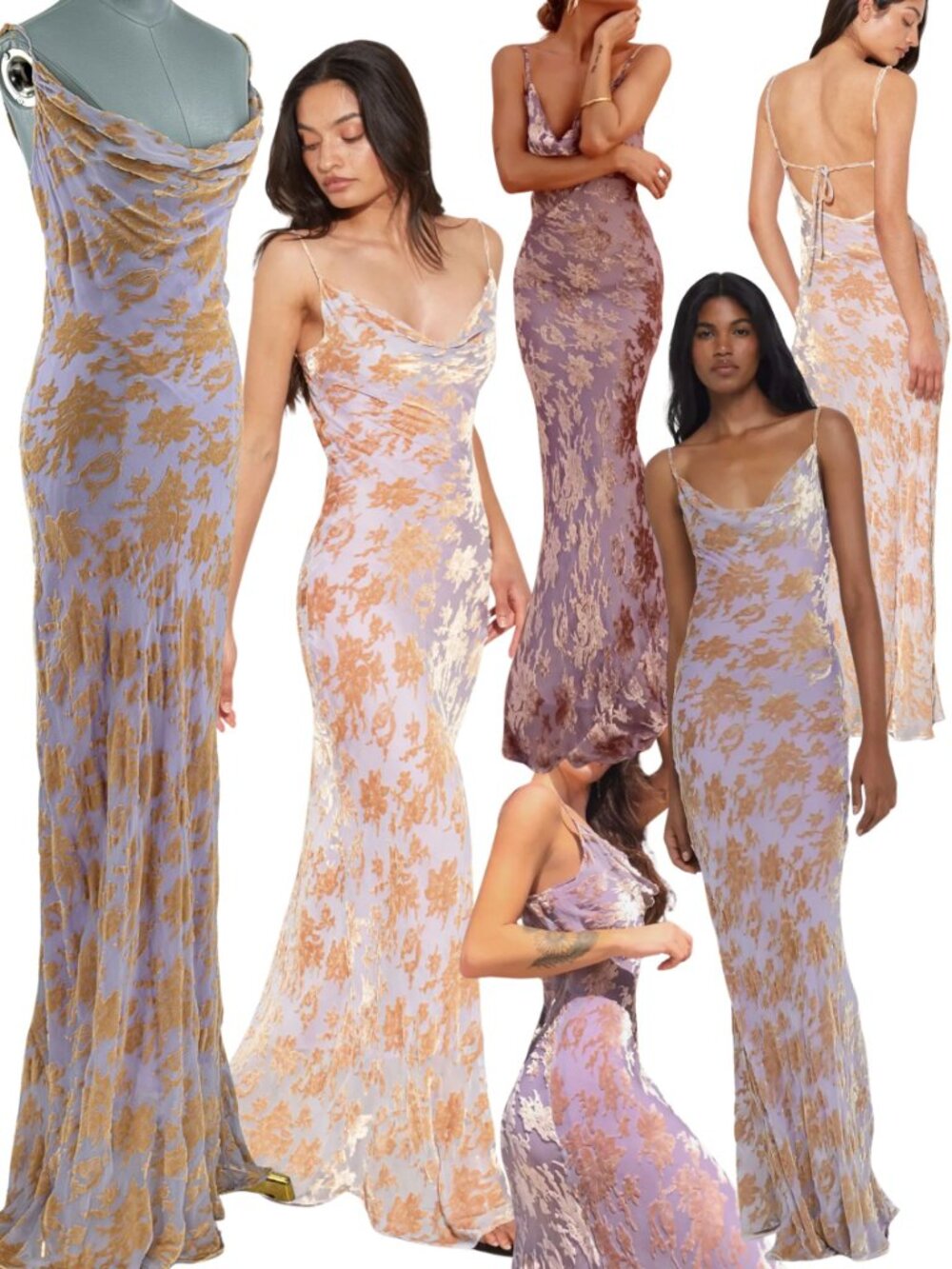 🆕 RAT & BOA 🧿 NWT Athena Cowl Neck Devoré Velvet Maxi Dress, Lilac - Sz M